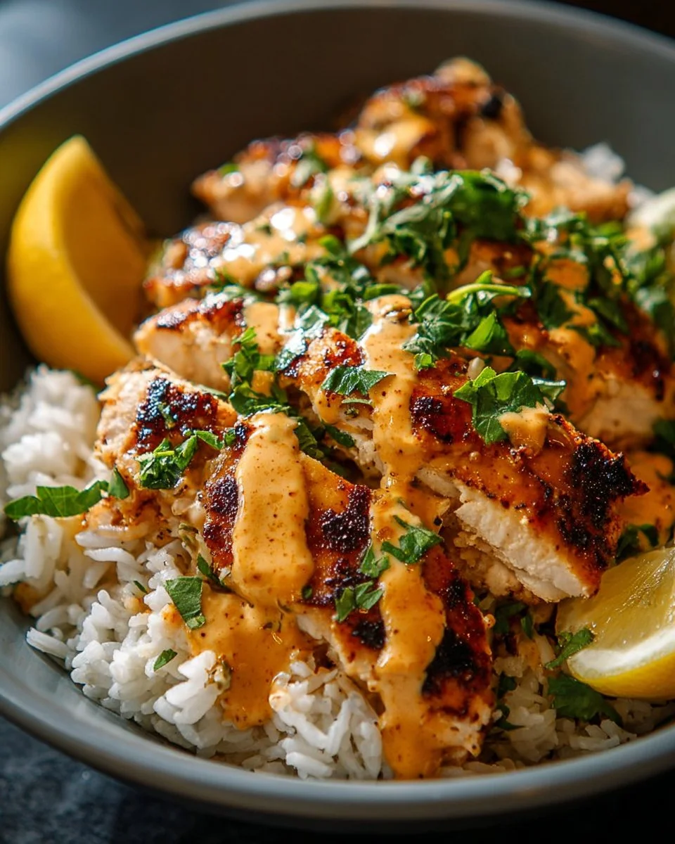 High-protein Bang Bang Chicken rice bowl garnished with fresh vegetables