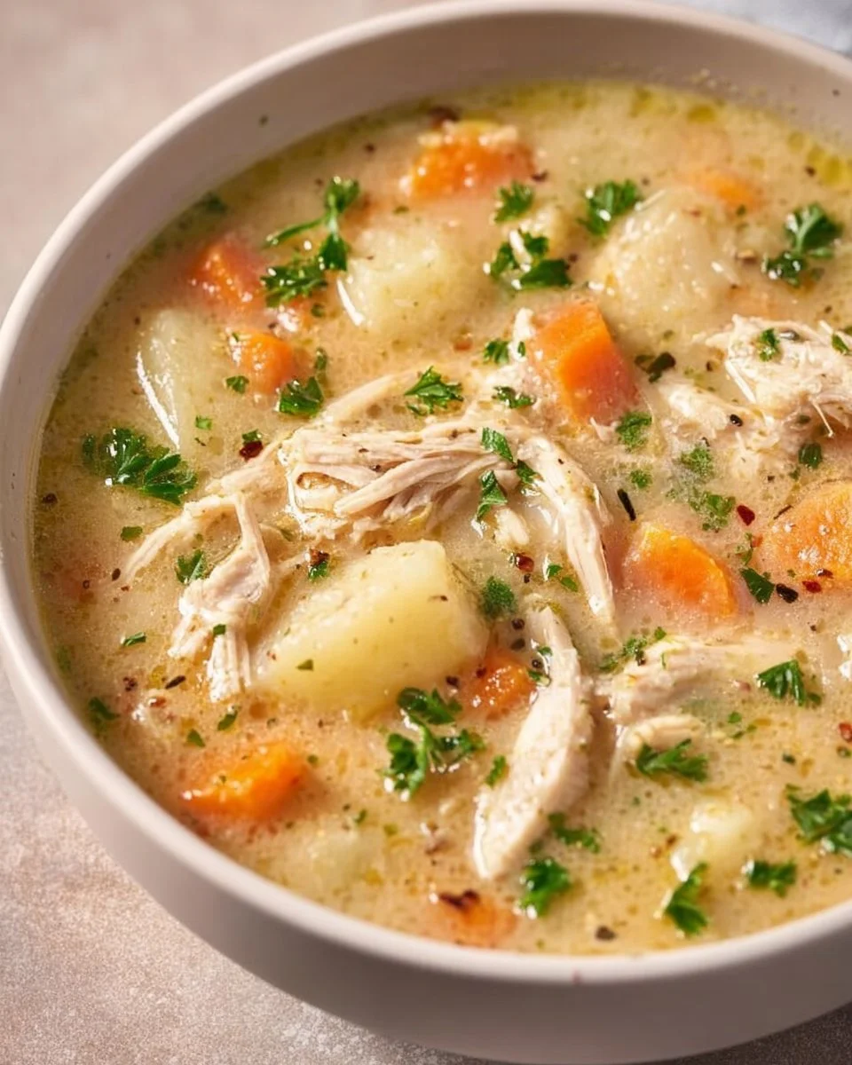High Protein Chicken Pot Pie Soup served in a bowl with vegetables