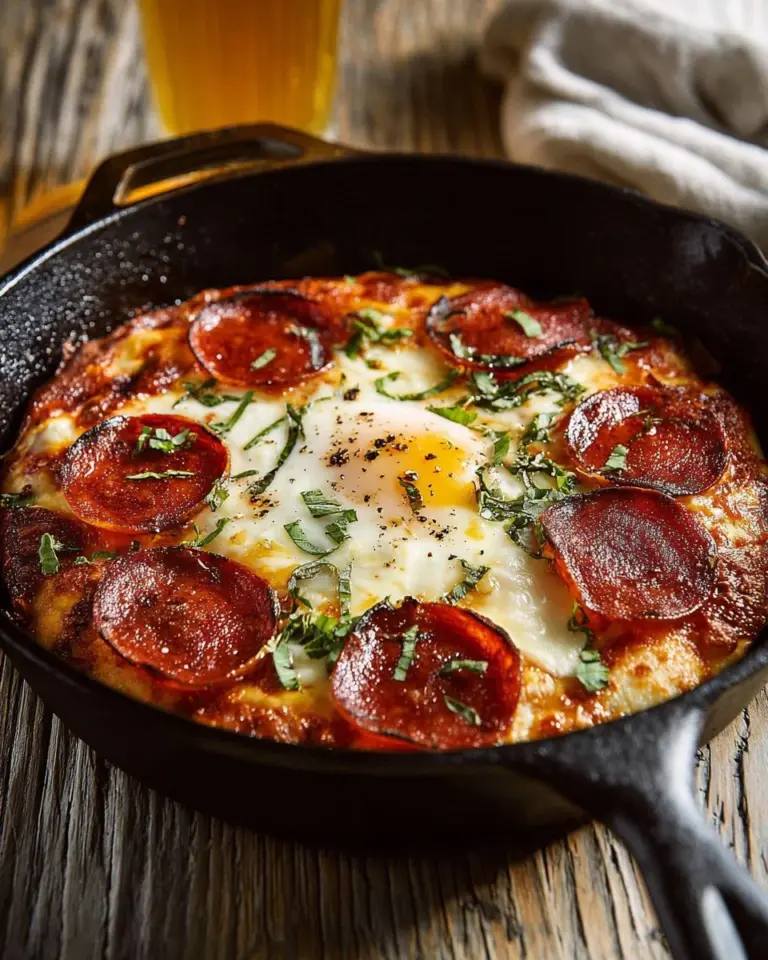 Homemade cast iron skillet pizza fresh out of the oven with toppings.