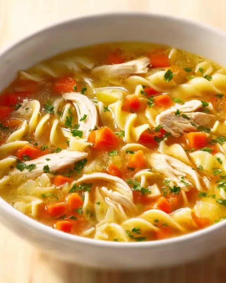 Bowl of homemade chicken noodle soup with fresh vegetables and herbs
