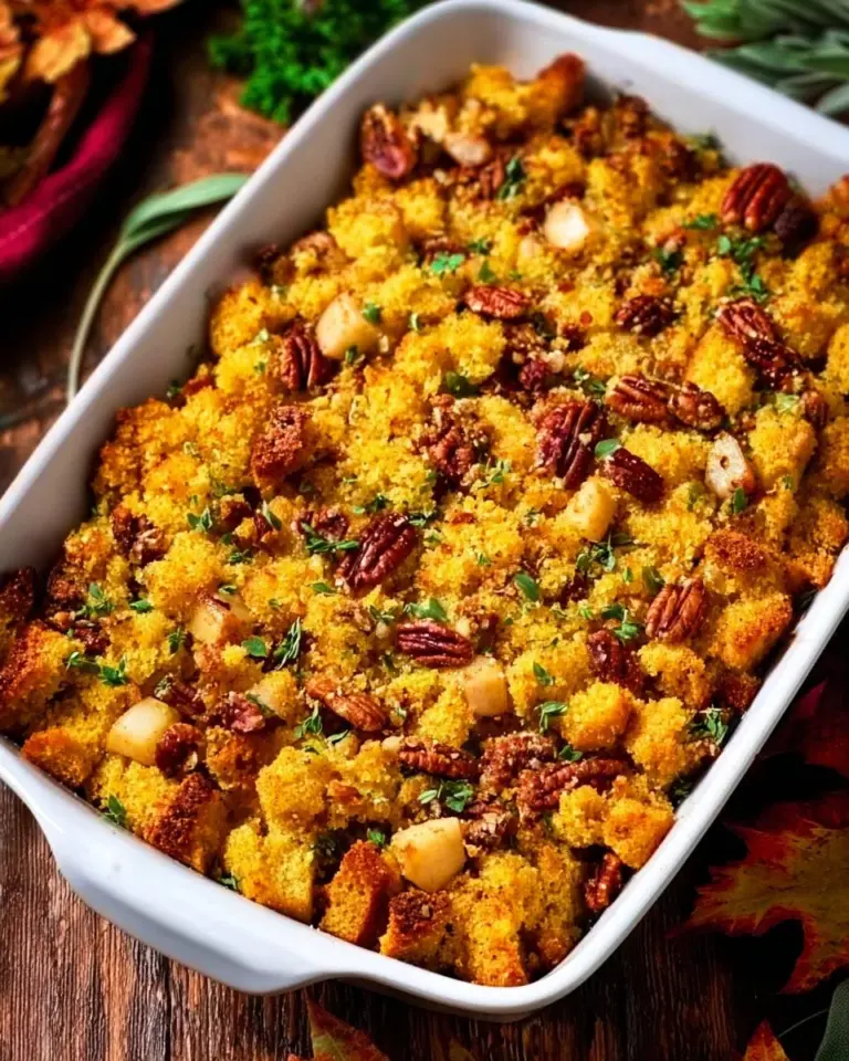 Homemade cornbread apple stuffing prepared for a festive meal