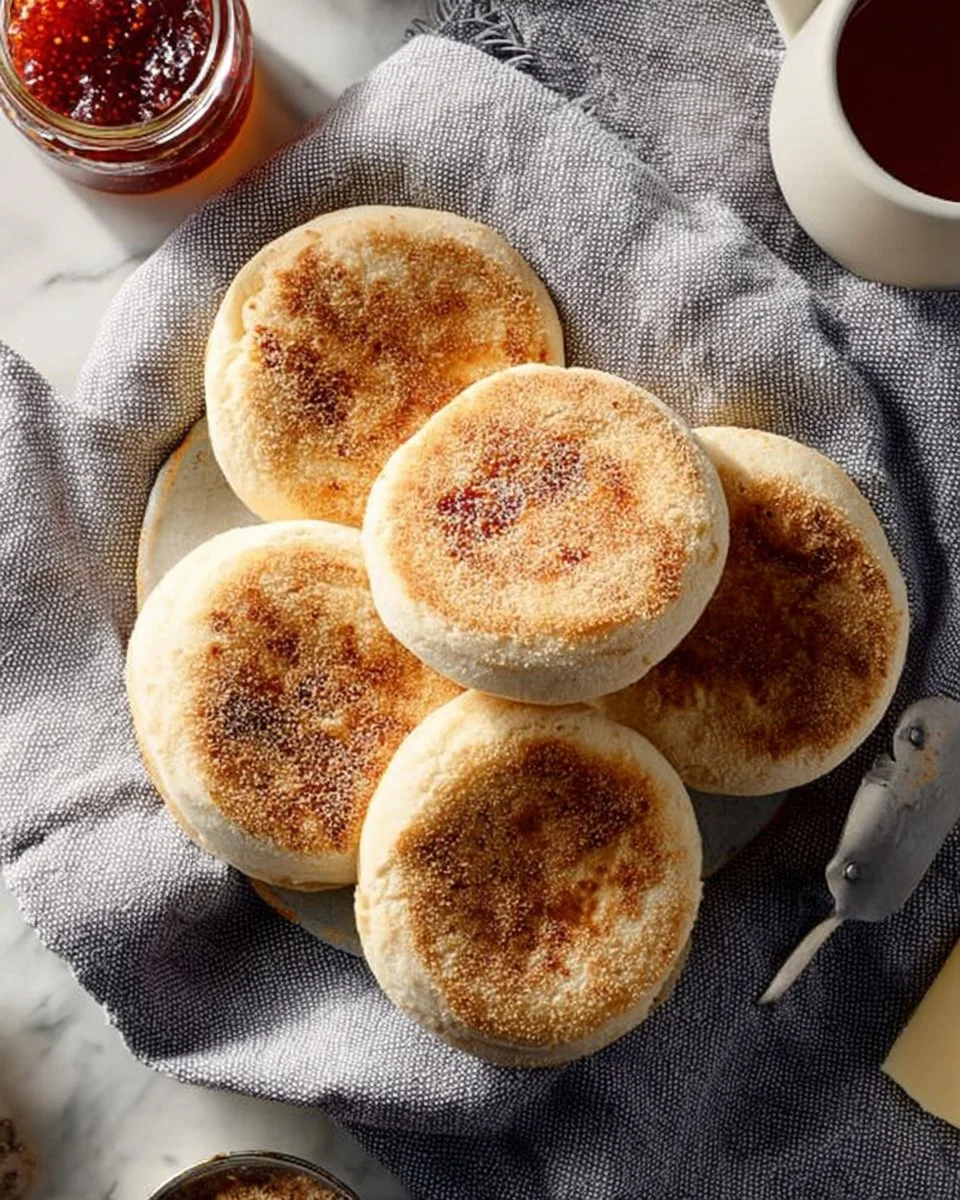 Freshly baked homemade English muffins on a wooden table