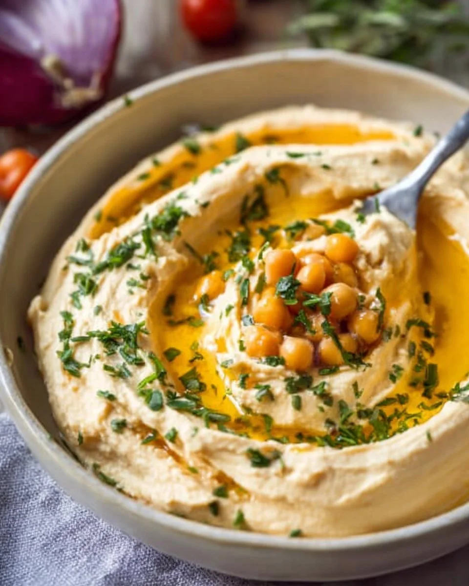 Bowl of homemade hummus topped with olive oil and paprika