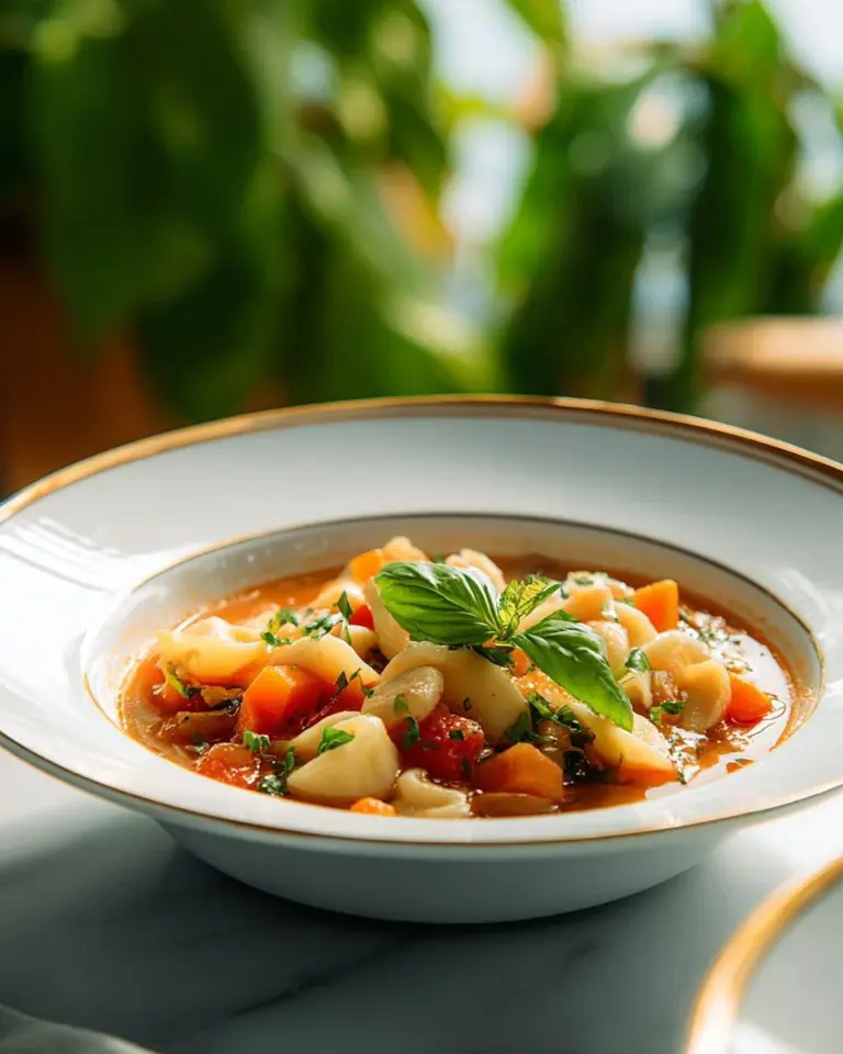 Bowl of homemade minestrone soup filled with vegetables and herbs
