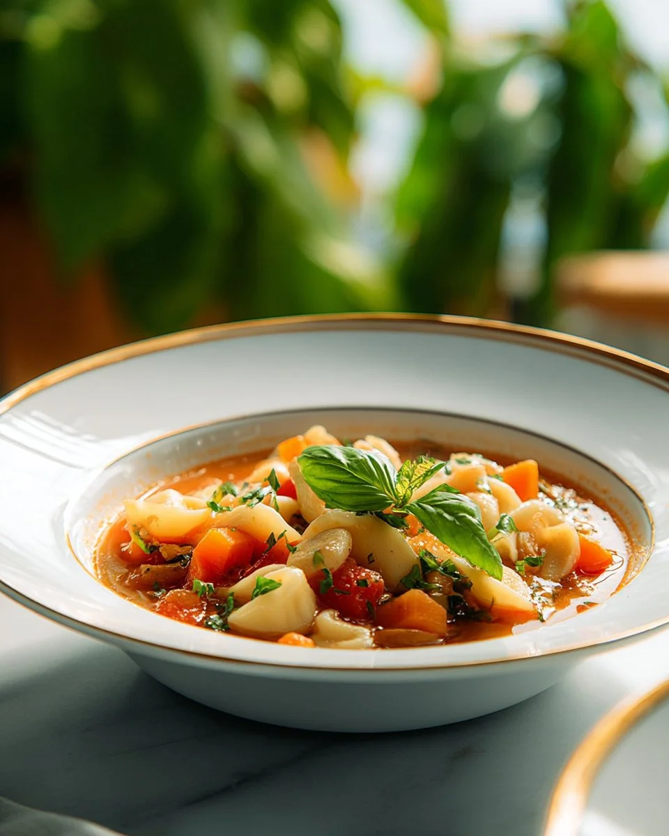 Bowl of homemade minestrone soup filled with vegetables and herbs
