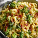 Bowl of homemade one-pot bacon broccoli mac and cheese on a kitchen table