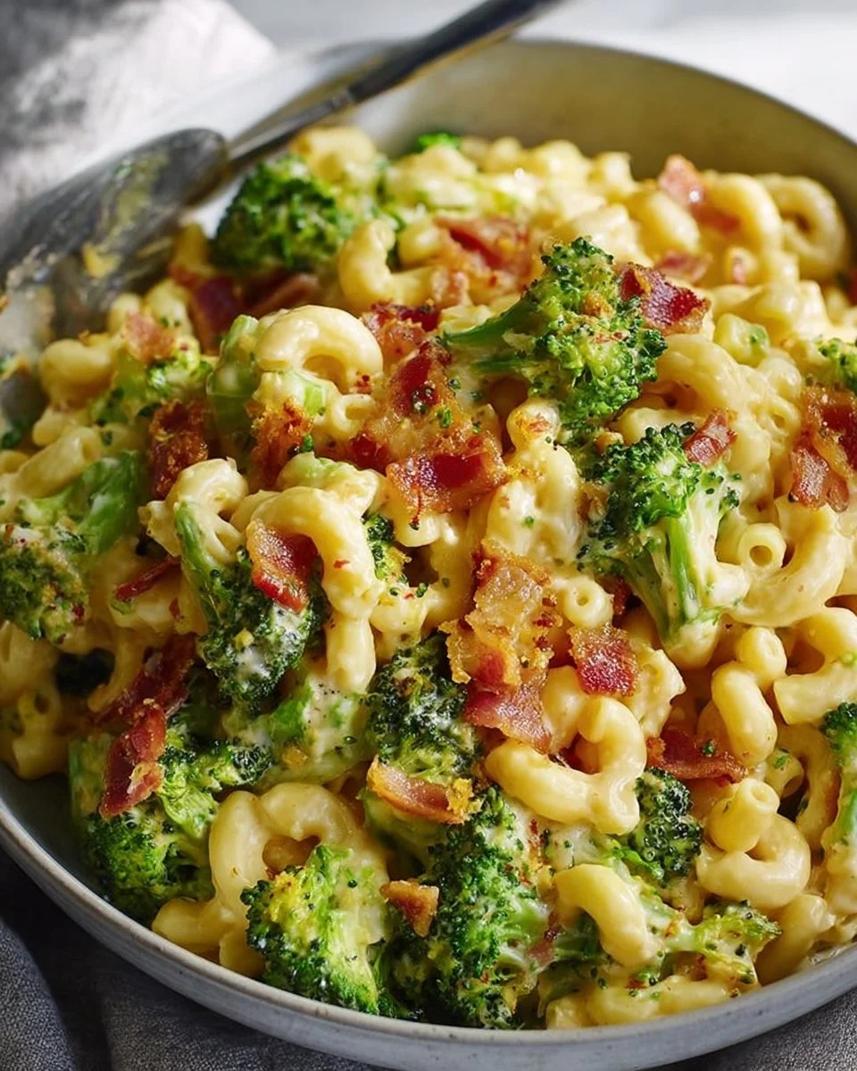 Bowl of homemade one-pot bacon broccoli mac and cheese on a kitchen table