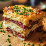 Homemade Reuben Bake with corned beef, sauerkraut, and Swiss cheese layered in a dish.