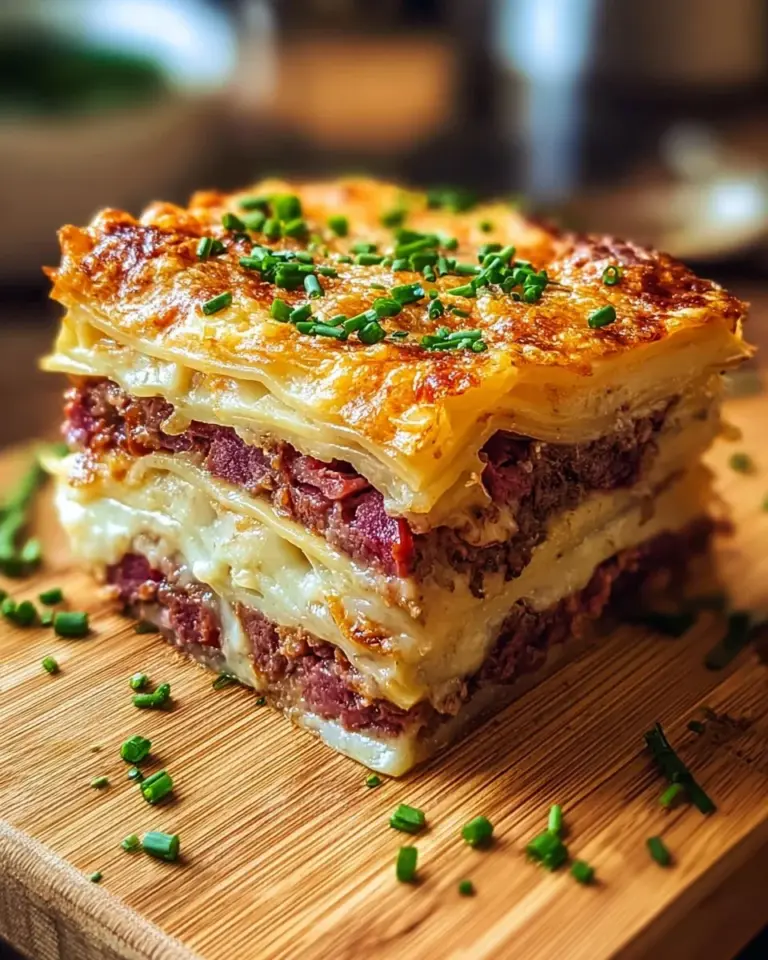 Homemade Reuben Bake with corned beef, sauerkraut, and Swiss cheese layered in a dish.