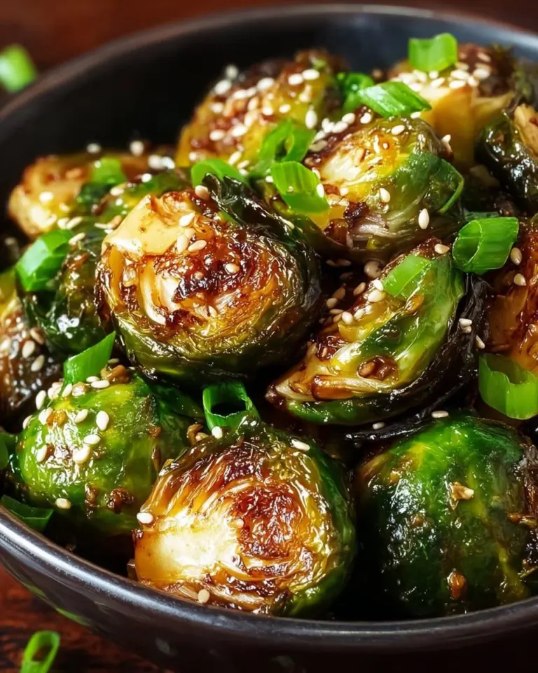 Honey Sriracha Brussels Sprouts drizzled with sauce and garnished