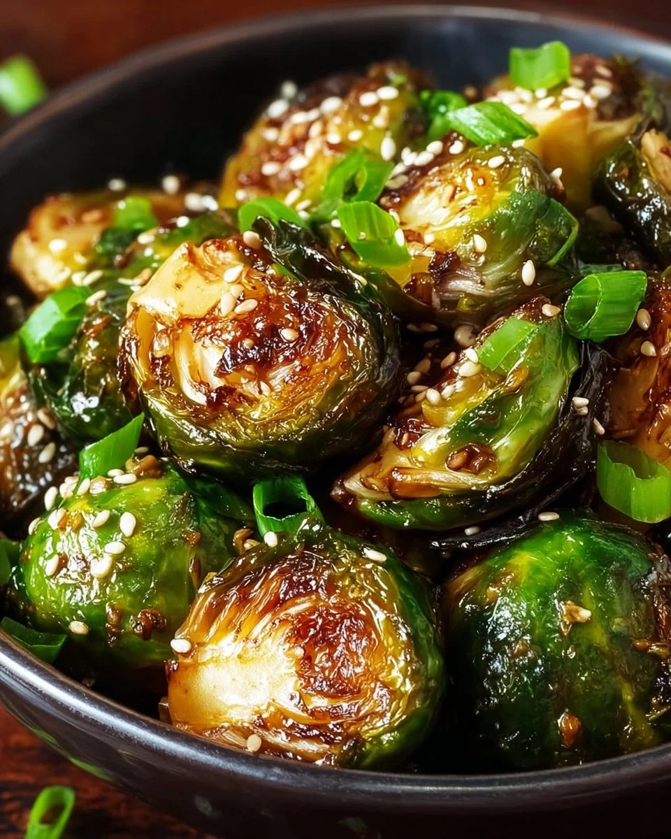 Honey Sriracha Brussels Sprouts drizzled with sauce and garnished