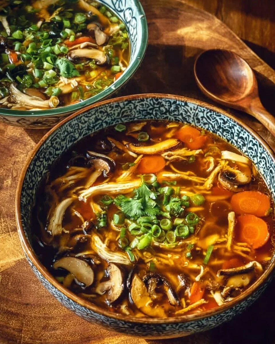 Bowl of Hot and Sour Soup topped with herbs and spices
