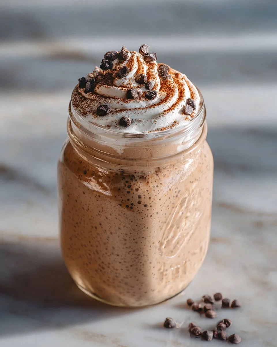 Bowl of hot chocolate overnight oats topped with marshmallows and chocolate chips