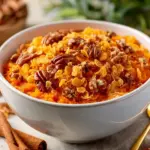 Irresistible sweet potato casserole with cornflakes topping served in a dish