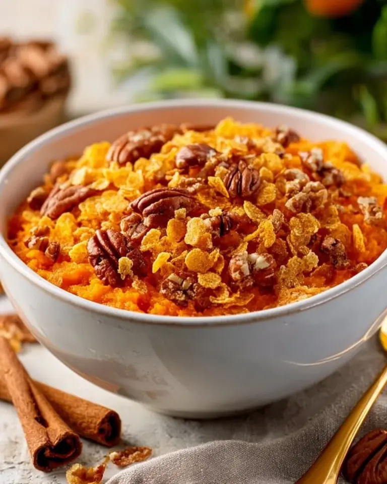 Irresistible sweet potato casserole with cornflakes topping served in a dish
