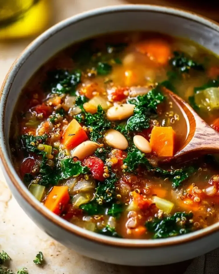 Bowl of Kale Quinoa Soup with white beans, garnished with fresh herbs