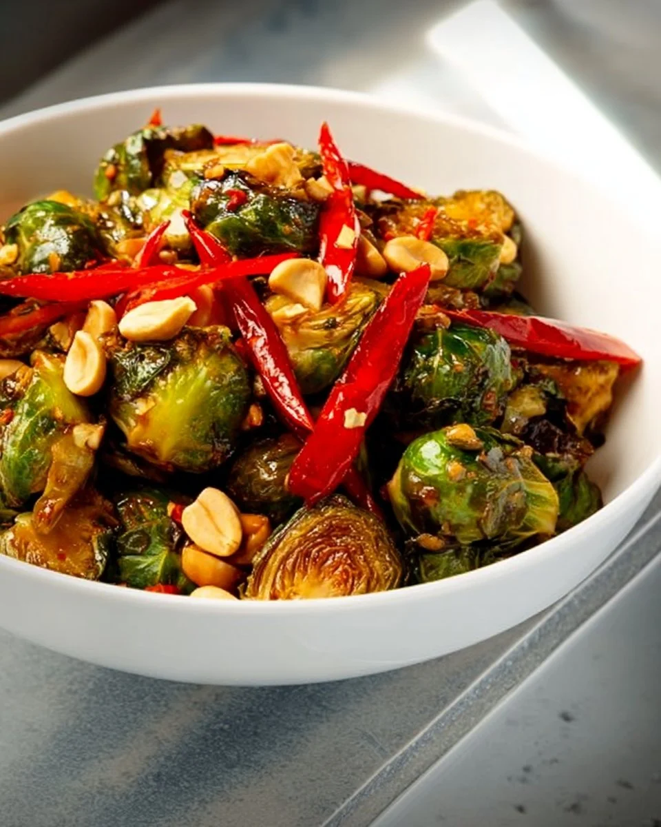 Delicious Kung Pao Brussels Sprouts with spicy sauce and toppings