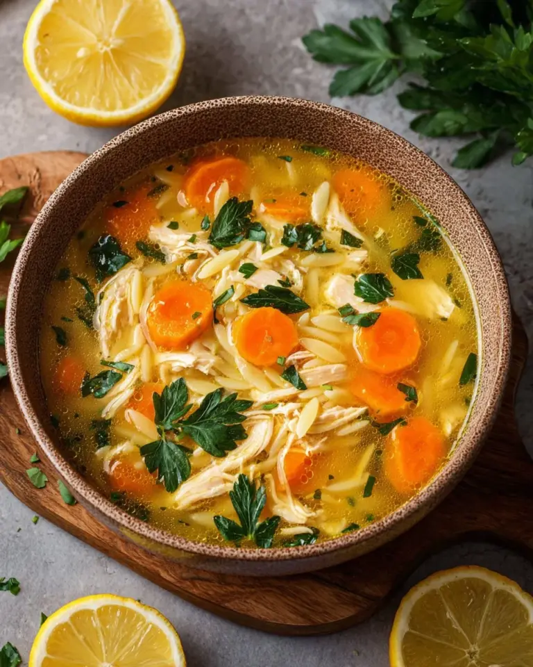 Bowl of savory Lemon Chicken Orzo Soup with fresh herbs and lemon slices