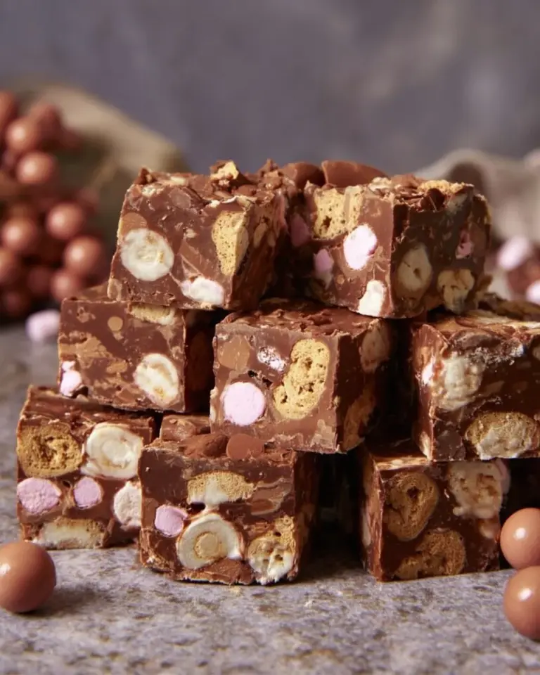 Maltesers Rocky Road dessert with chocolate, marshmallows, and Maltesers balls