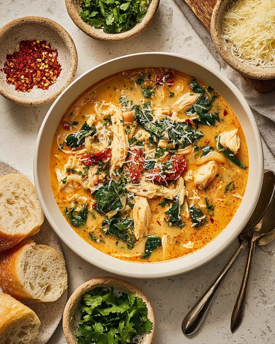 A comforting bowl of Marry Me Chicken Soup garnished with herbs and spices.