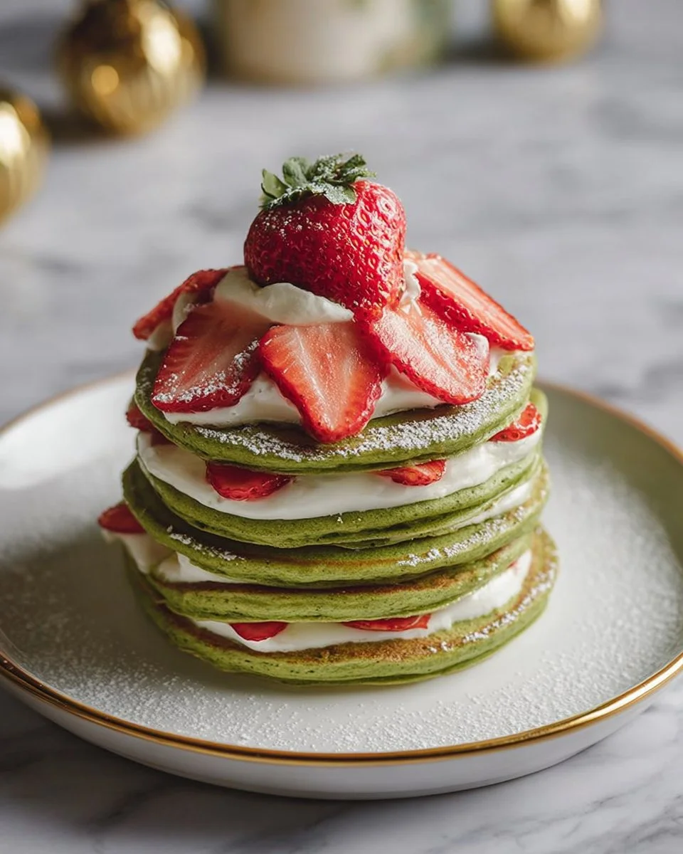 Festive matcha Christmas tree pancakes stacked on a plate with holiday decorations