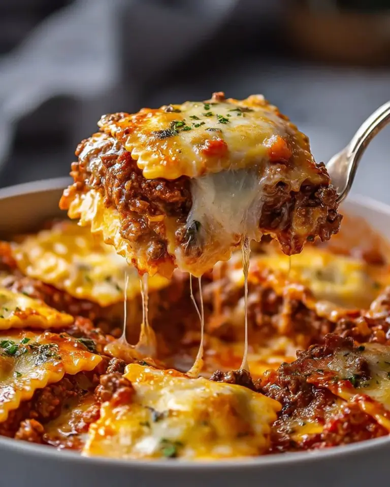 Delicious Million Dollar Ravioli Casserole served in a baking dish