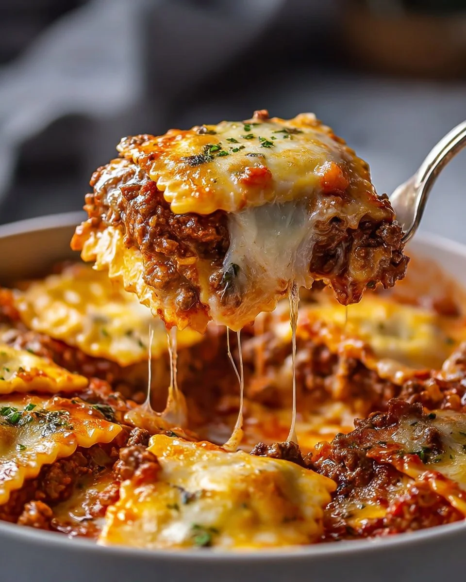 Delicious Million Dollar Ravioli Casserole served in a baking dish