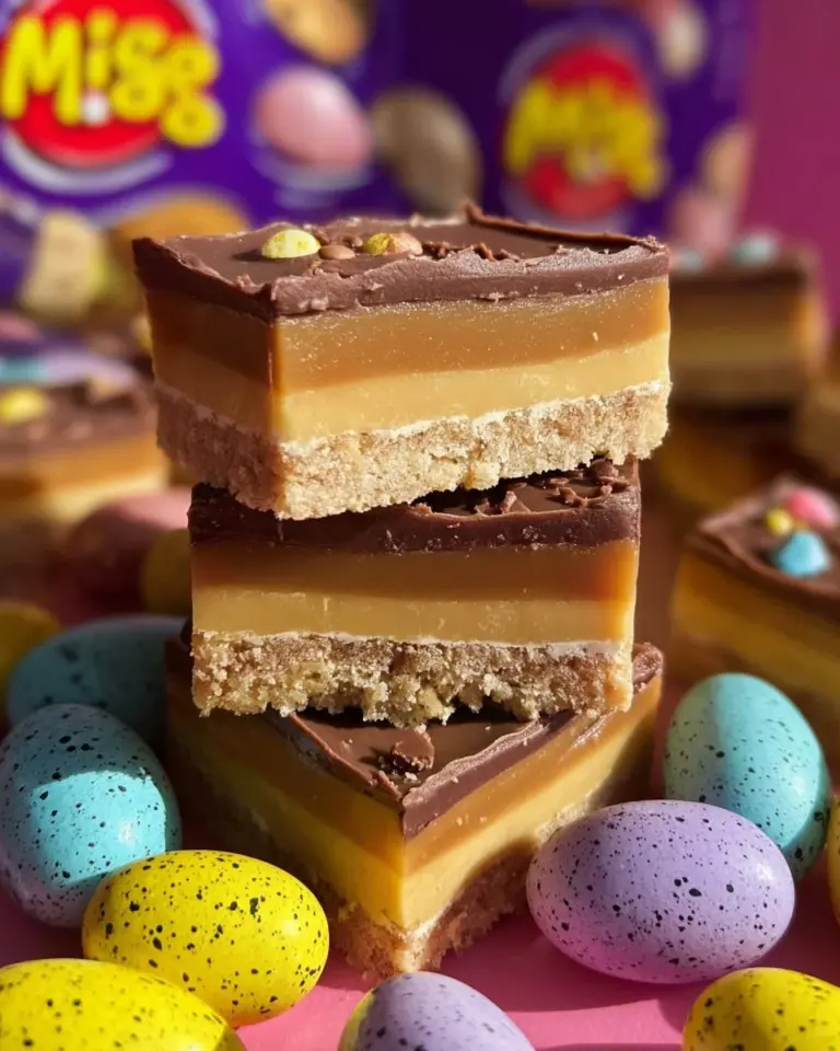 Delicious Mini Egg Millionaire Shortbread with chocolate and caramel layers