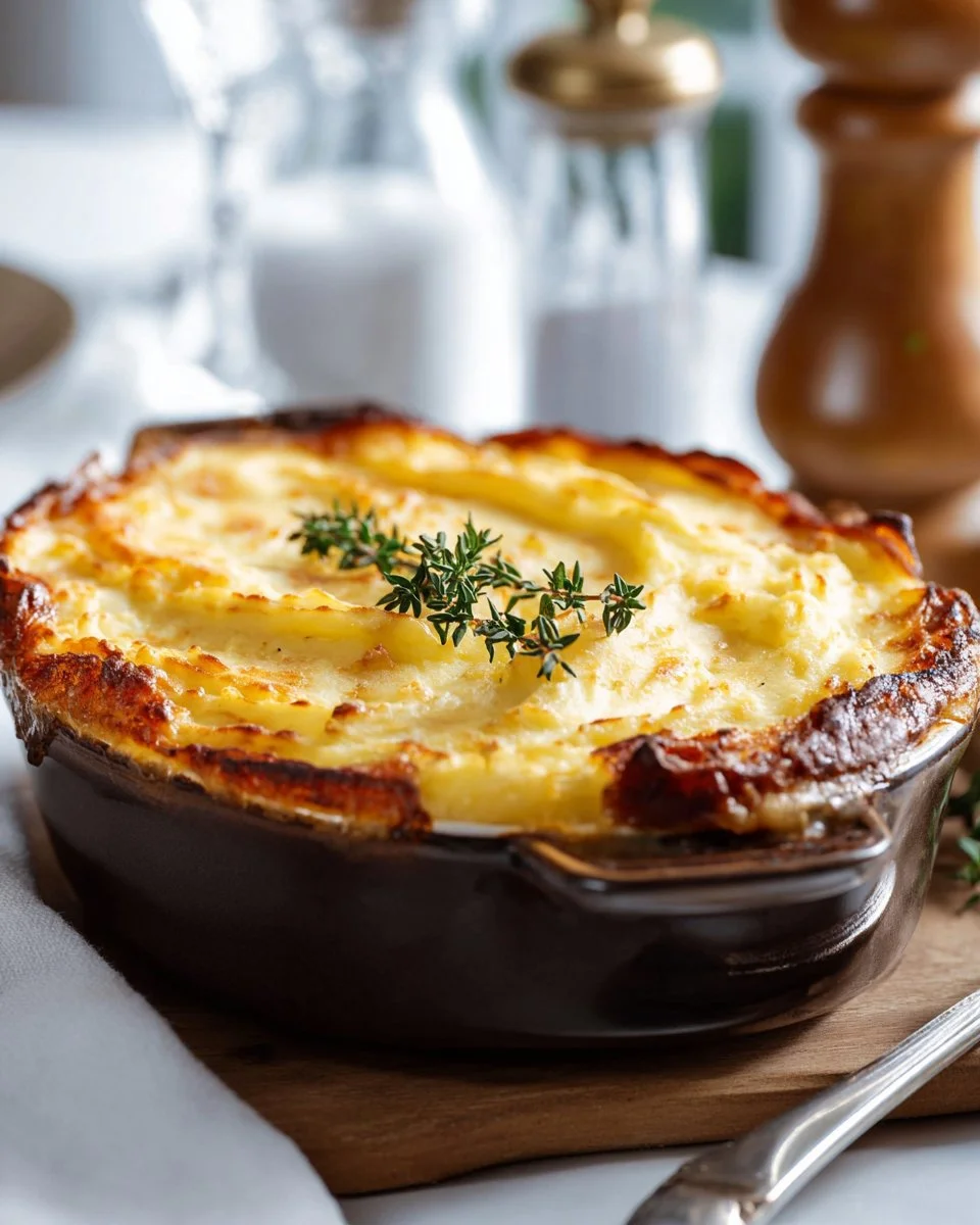 Mum's traditional cottage pie fresh out of the oven, ready to serve.