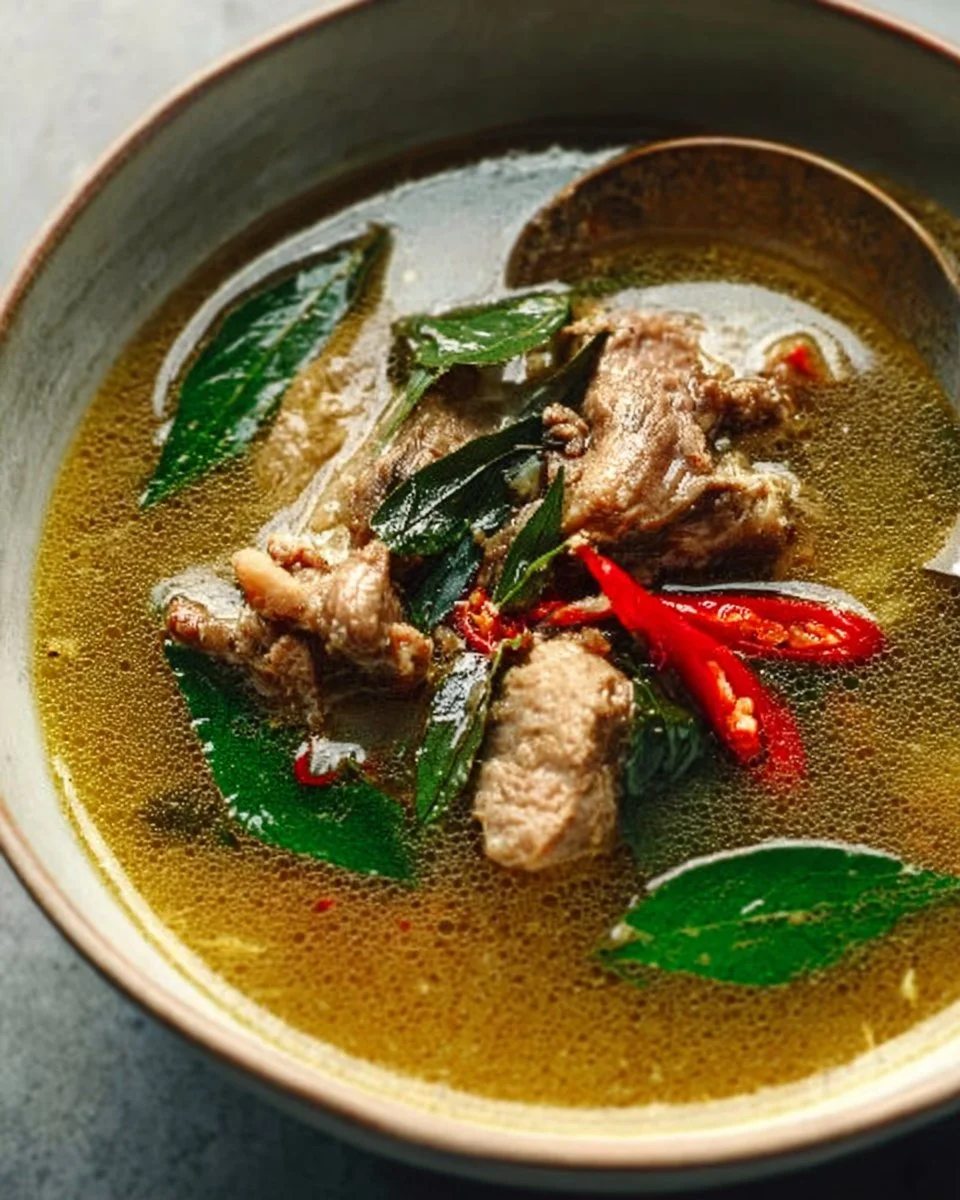 A bowl of steaming mutton bone soup with herbs and vegetables