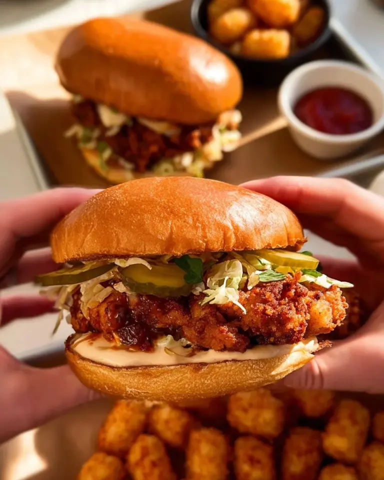 A spicy Nashville hot chicken sandwich served with pickles on a soft bun
