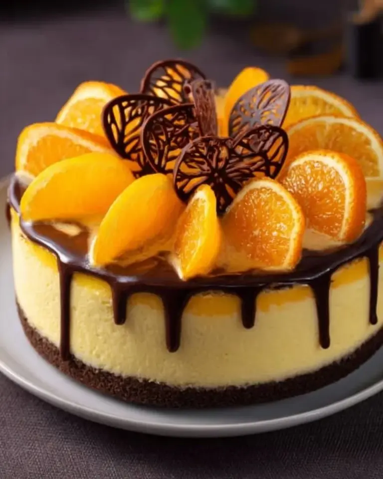 Delicious Nigella's Chocolate Orange Cheesecake topped with chocolate curls and orange zest.