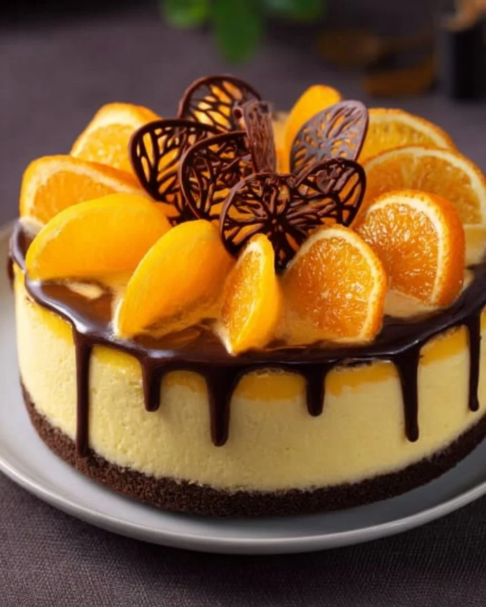Delicious Nigella's Chocolate Orange Cheesecake topped with chocolate curls and orange zest.