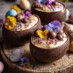 Delicious No-Bake Easter Egg Cheesecake topped with chocolate eggs and festive decorations