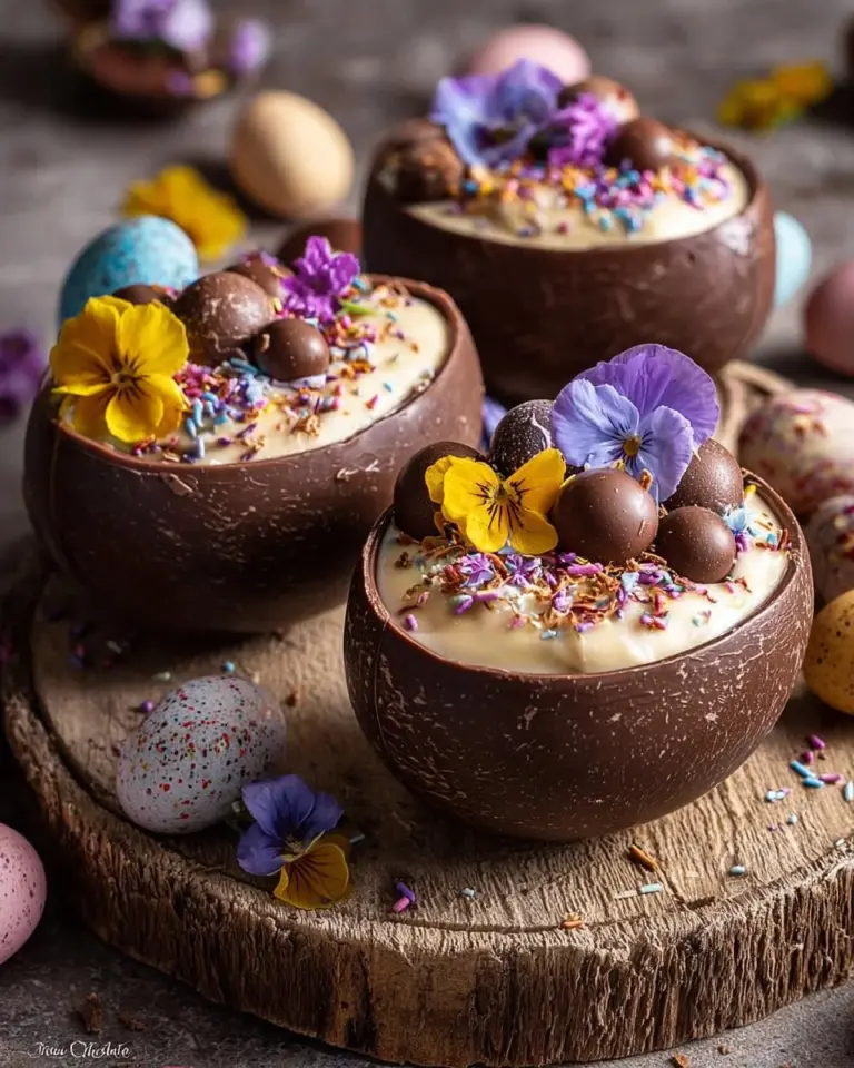 Delicious No-Bake Easter Egg Cheesecake topped with chocolate eggs and festive decorations