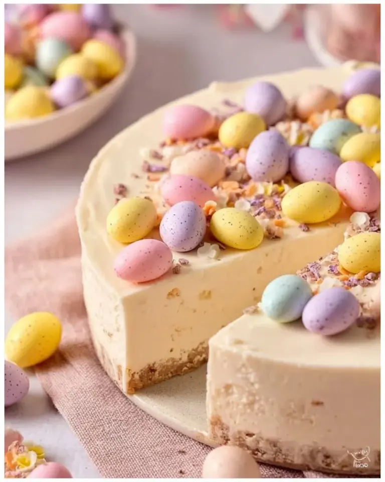 Delicious no-bake mini eggs cheesecake with colorful chocolate eggs on top