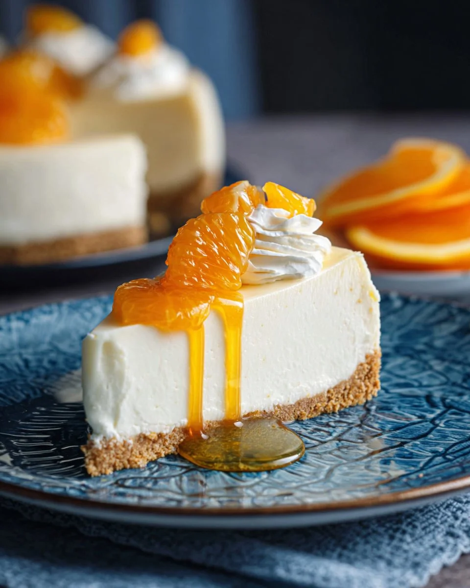 No-Bake Orange Creamsicle Cheesecake topped with orange slices and cream