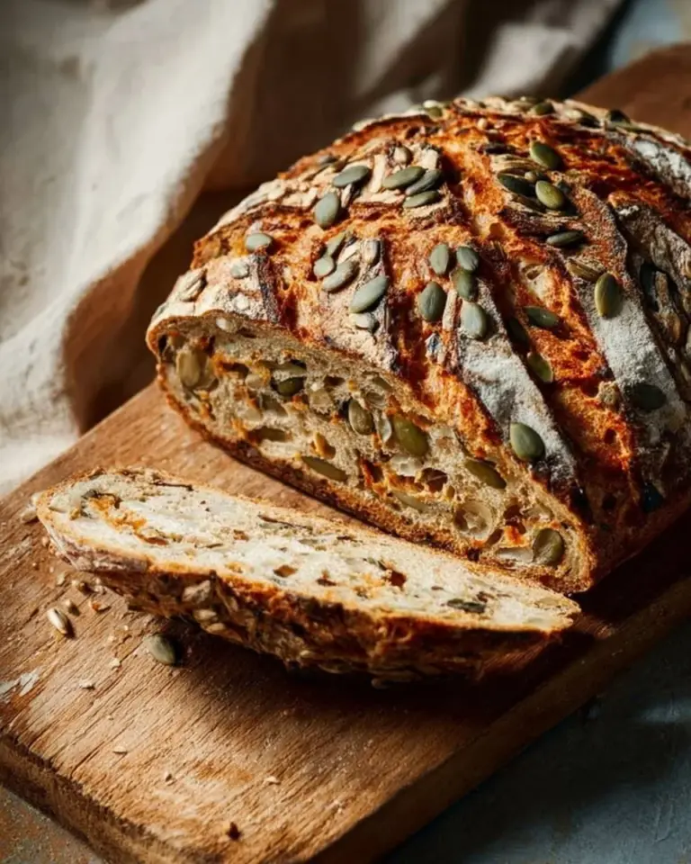 Freshly baked No Knead Marathon Bread on a wooden table