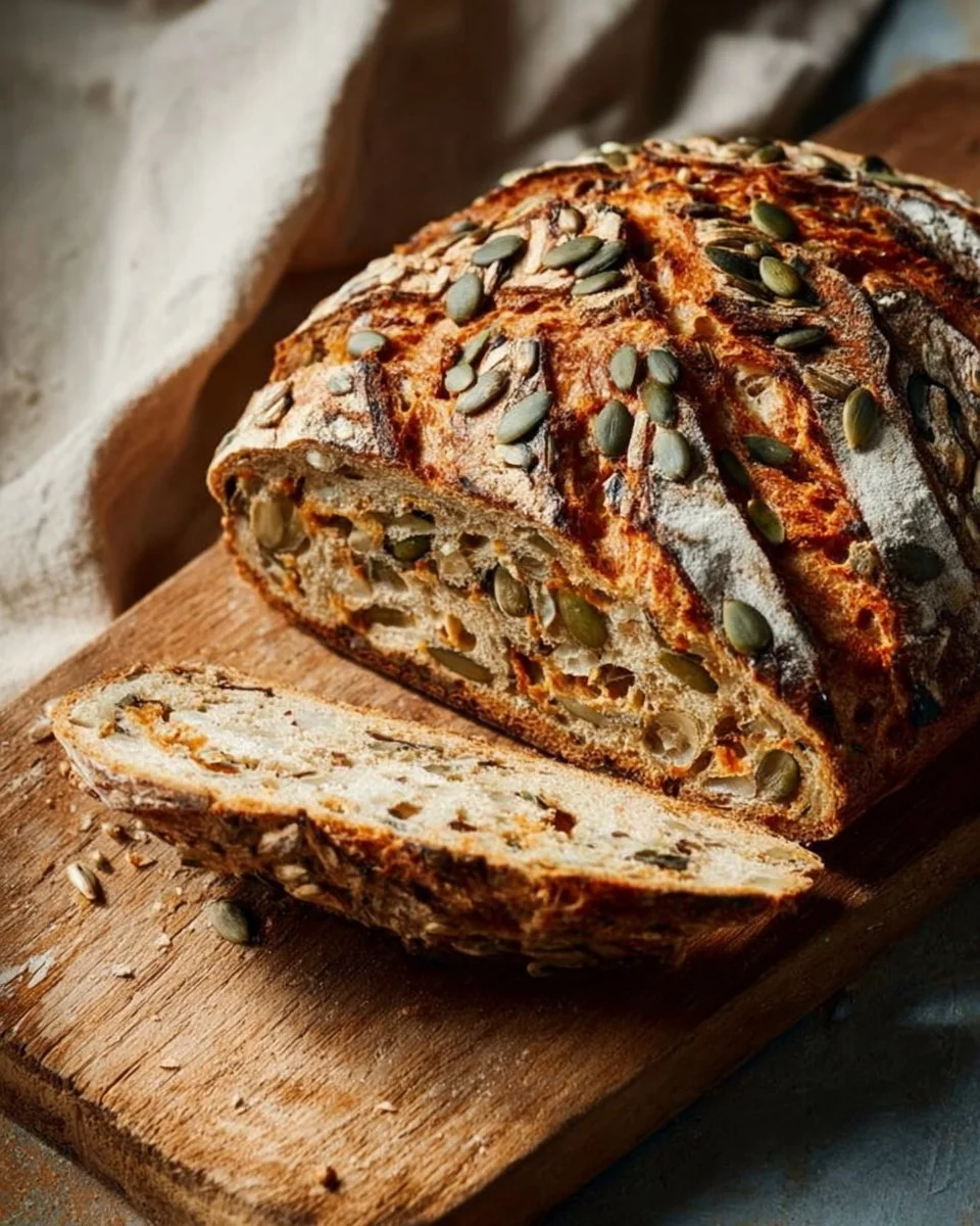 Freshly baked No Knead Marathon Bread on a wooden table