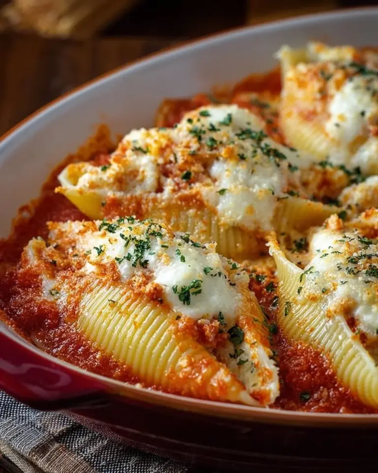 Plate of Olive Garden jumbo stuffed shells with marinara sauce and cheese
