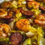 One-pan fried cabbage dish with shrimp and sausage cooked together.