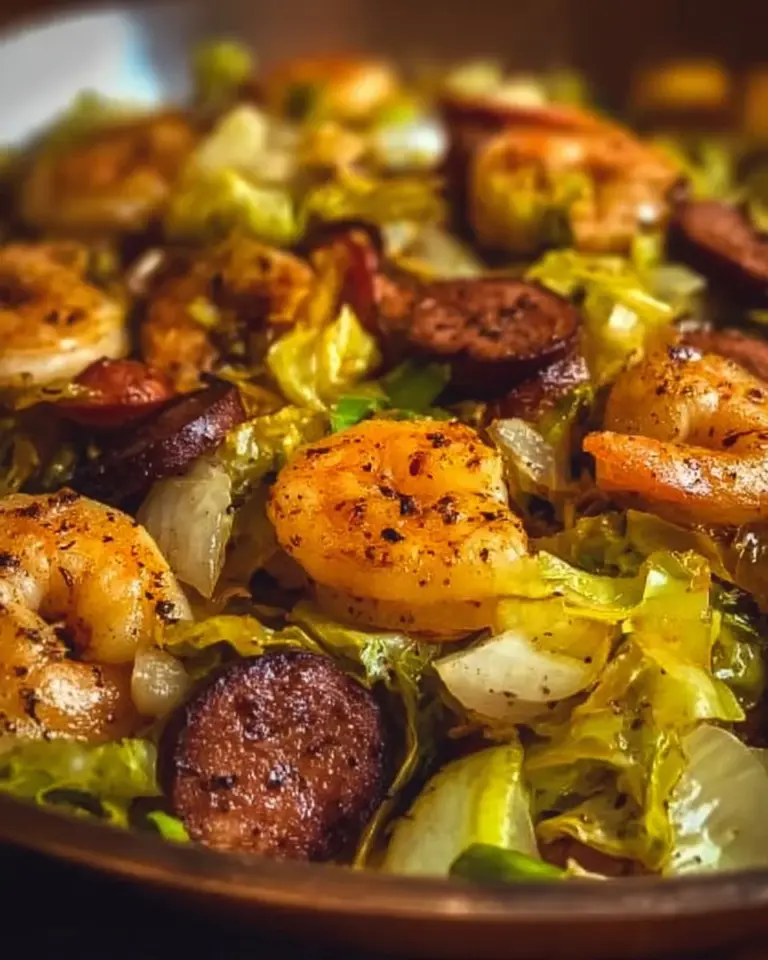 One-pan fried cabbage dish with shrimp and sausage cooked together.