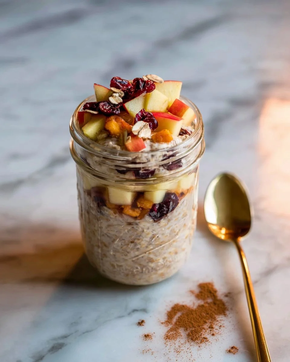Bowl of Overnight Oats with Cranberries and Apples