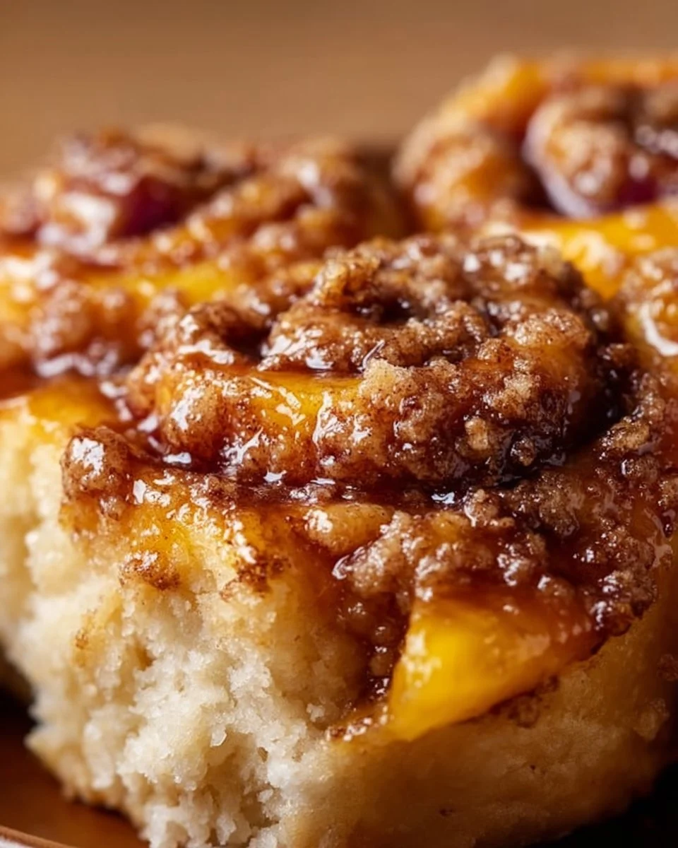 Freshly baked Peach Cobbler Cinnamon Rolls topped with peach slices and cinnamon glaze.