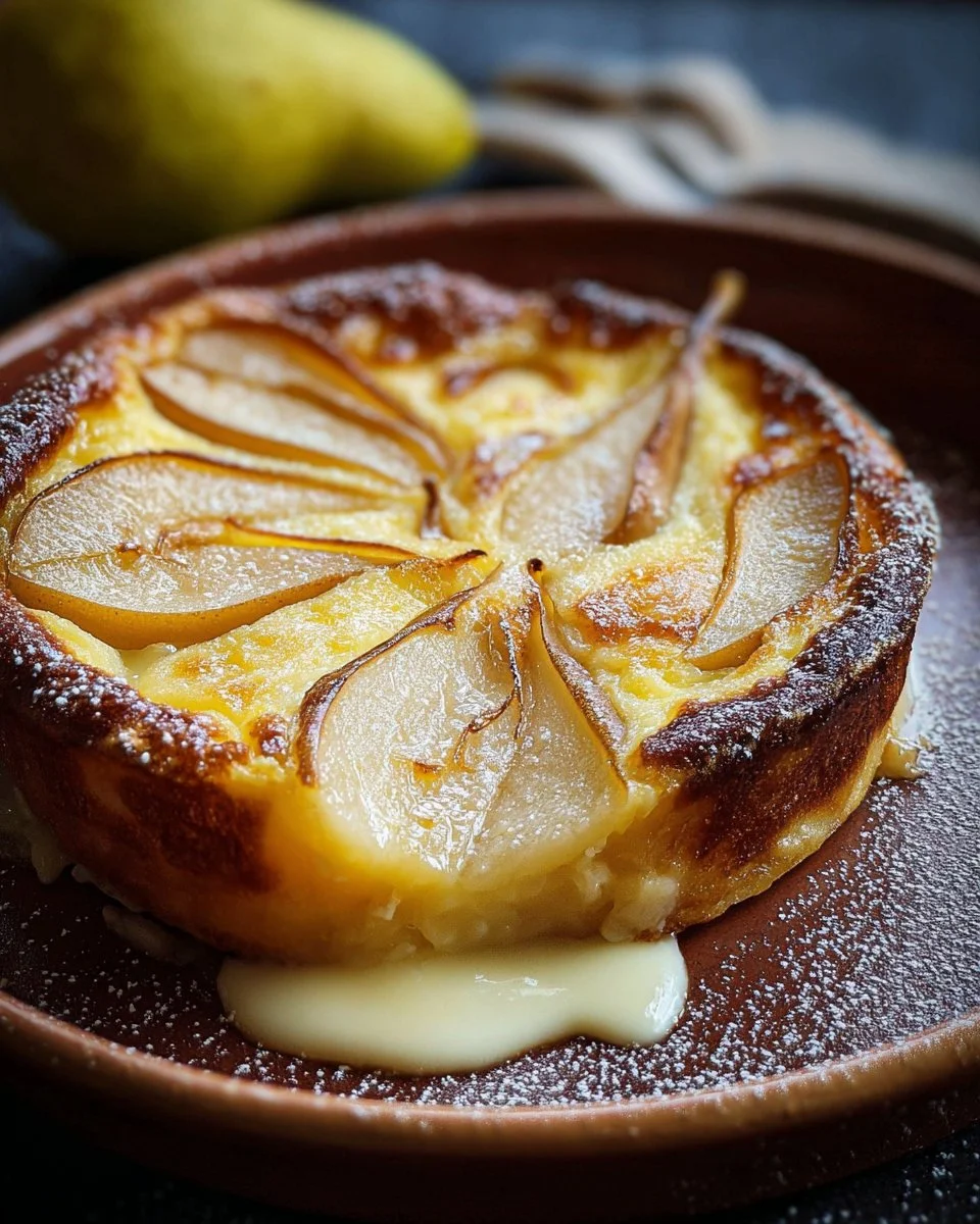A slice of Pear Clafoutis topped with powdered sugar and fresh pears.