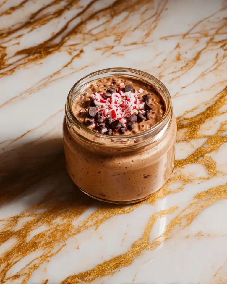 Bowl of peppermint mocha overnight oats topped with whipped cream and chocolate shavings.