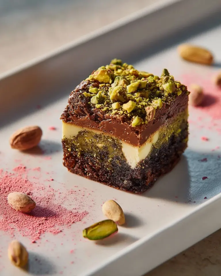 Delicious Pistachio Cheesecake Brownies topped with crushed pistachios