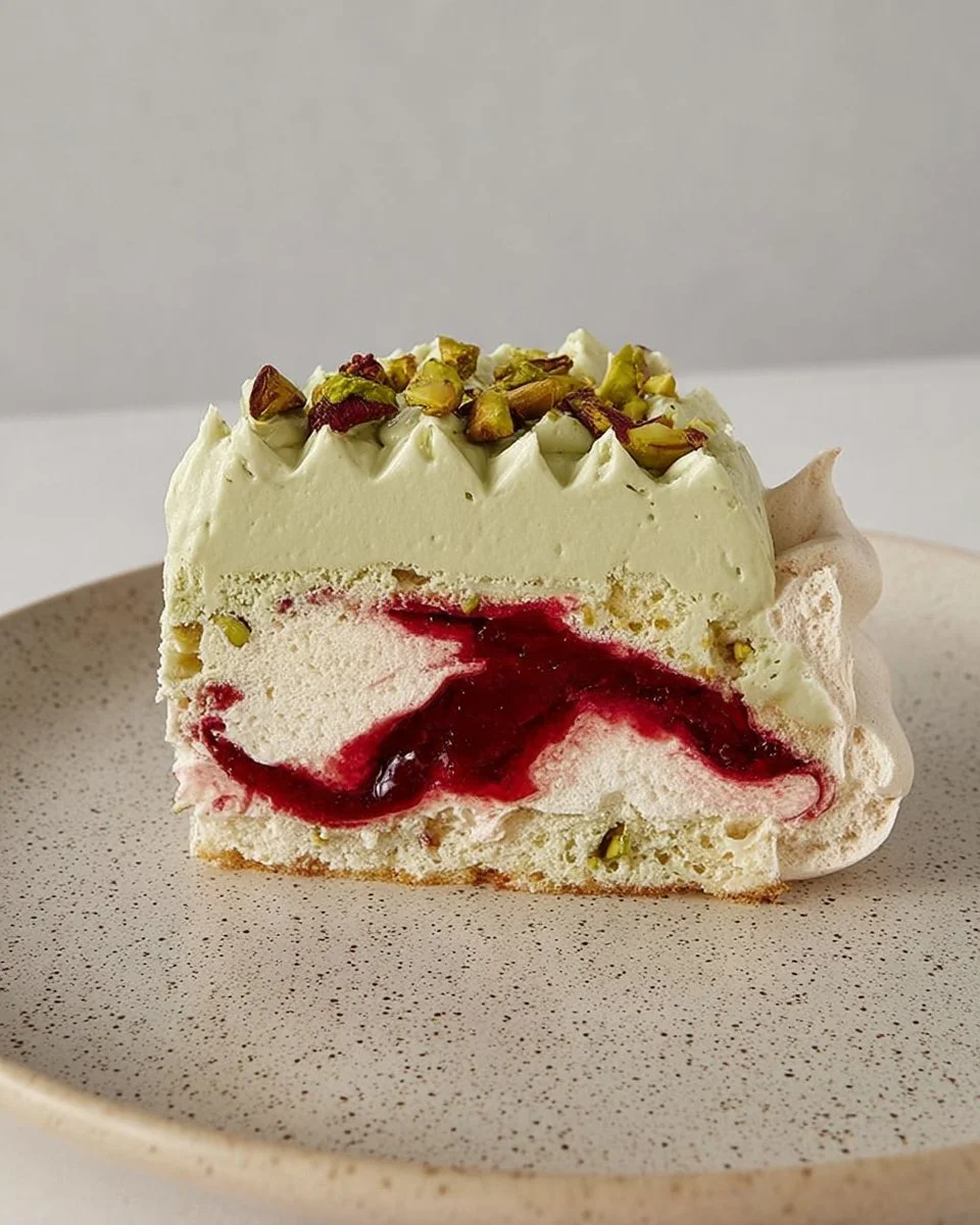 Pistachio raspberry meringue nests topped with vibrant raspberries