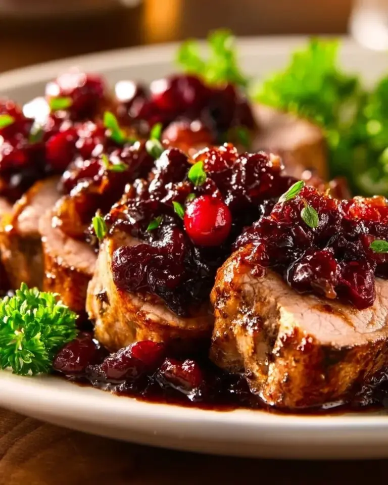 Juicy pork tenderloin served with homemade cranberry sauce on a white plate.