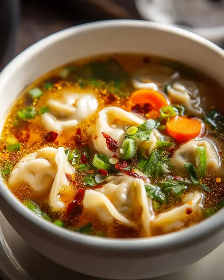 Bowl of Potsticker Soup with dumplings and green onions